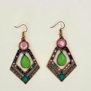 Ornate Pink and Green Dangle Fashion Earrings